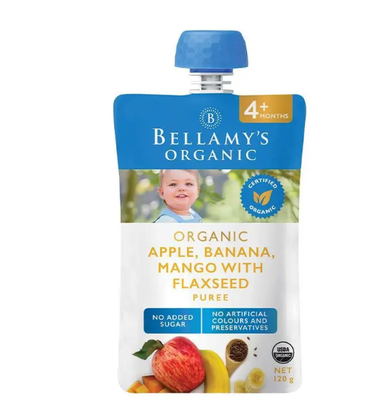 Bellamys Organic Apple Banana Mango With Flaxseed Puree 4+ Months 120g