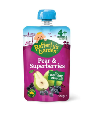 Raffertys Garden Pear & Superberries Puree and Nothing Else Baby Food Pouch 4+ Months 120g