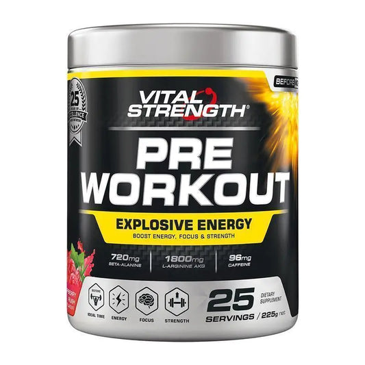 Vital Strength Pre Workout Powder Raspberry Rush 225g