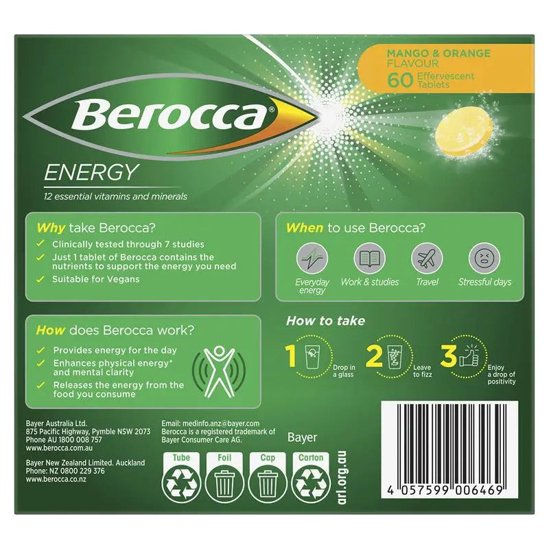 Berocca Energy Mango And Orange 60 Effervescent Tablets