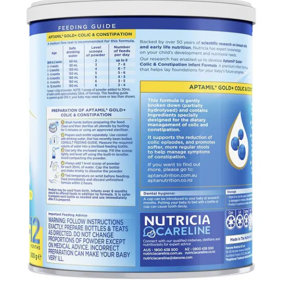 Aptamil Gold+ Colic & Constipation Baby Infant Formula From Birth to 12 Months 900g