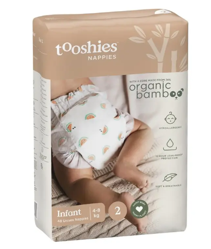 Tooshies Eco Nappies with Organic Bamboo Size 2 Infant 4-8kg, 48 Pack