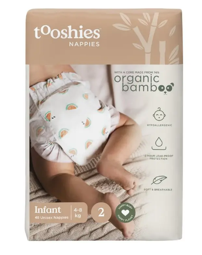 Tooshies Eco Nappies with Organic Bamboo Size 2 Infant 4-8kg, 48 Pack