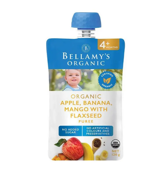 Bellamys Organic Apple Banana Mango With Flaxseed Puree 4+ Months 120g