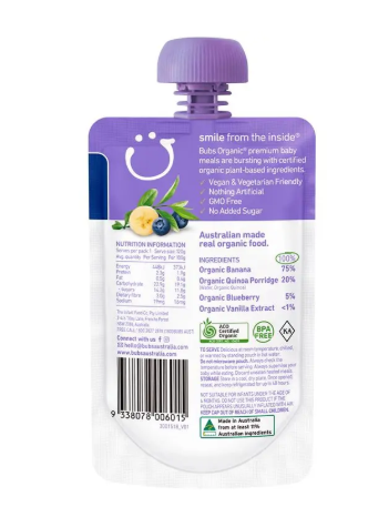 Bubs Organic Blueberry Banana & Quinoa 6 Months+ 120g