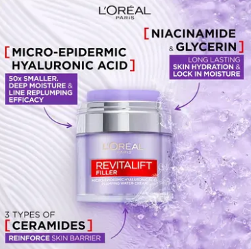 L'Oreal Paris Revitalift Filler Plumping Water Cream Hyaluronic Acid 50ml