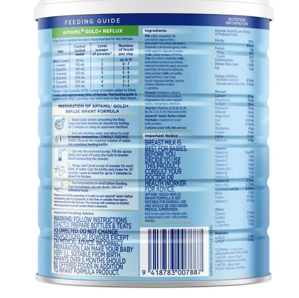 Aptamil Gold+ Reflux Baby Infant Formula Regurgitation or Mild Reflux From Birth to 12 Months 900g