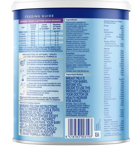 Aptamil Gold+ Lactose Intolerance Baby Infant Formula From Birth to 12 Months 900g