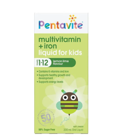 Pentavite Multivitamin + Iron Kids Liquid Lemon Lime 200ml NEW